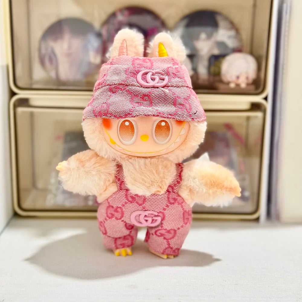 17cm Labubu Doll Clothes Baby Clothes Fashion Overalls Bib Hat Set Kawaii V1 V2 Doll Clothing Accessories No Dolls Kids Gift